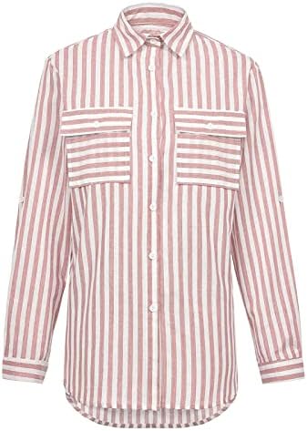 Ženska modna Henley majica Striped gumb za ispis Down T košulja Roll up rukava Bluza Casual Tunic vrhovi