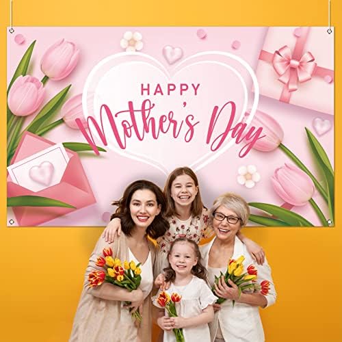 Sretan Majčin dan Photo Booth pozadina najbolja mama ikad Pink tulipani srce cvjetna fotografija pozadina