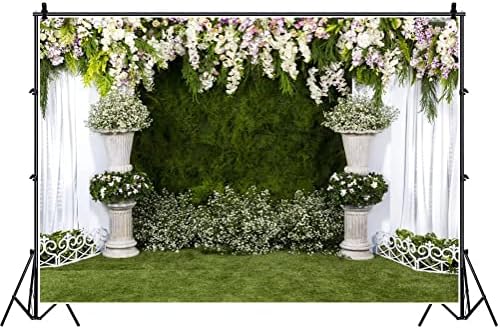 Laeacco Arch Wedding Flowers Backdrop 10x8ft Vinyl fotografija pozadina kamena sadilica cvijeće bijela zavjesa