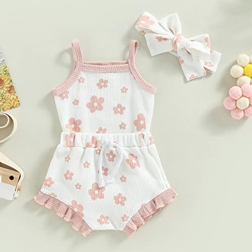 Mandizy Newborn Baby Girl Odjeća Ljeto cvjetni print pletiva bez rukava rubcele bluže kratke hlače 3pcs
