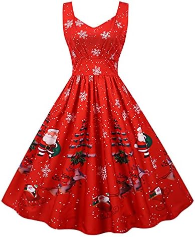 Božićne haljine za žene 1950-ih Vintage Santa Claus Print midi haljina bez rukava koktel Prom Swing haljina