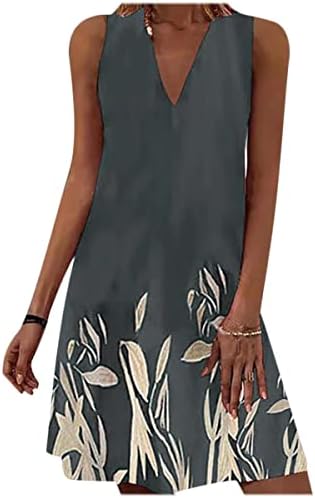 Nxxyeel haljine bez rukava za žene Ležerne ljetne dužine do koljena elegantni listovi s V-izrezom štampani