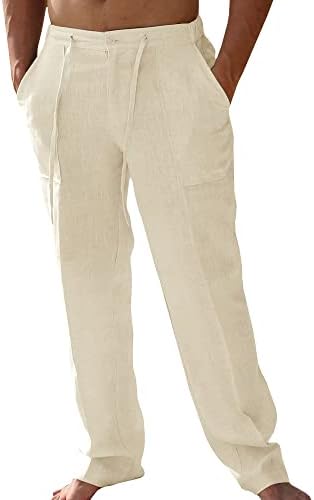 PASLTER muške Ležerne lanene hlače labave kroje ravne noge s elastičnim vezicama za struk ljetne duge hlače