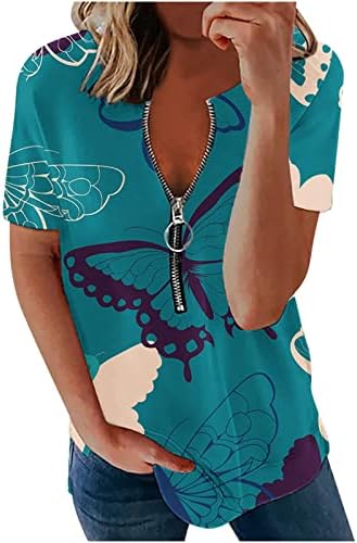 Ženski zip prednji V-izrez kratki rukav prevelizirane majice Summer Print Tunic Top košulja Bluze za žene