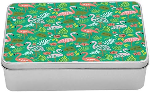 Ambesonne tropska metalna kutija, cvjetajući elementi i flamingosi, višenamjenska pravokutna limenka kontejnera