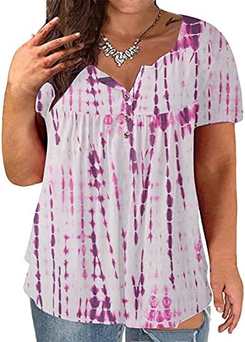 Plus size Tops for Women Henley tunika Tops Vintage Tie Dye Shirts Button Loose bluza Summer Short Sleeve