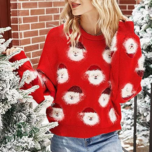 Božićni džemper za žene Fuzzy Santa Head uzorak pleteni džemper casual smiješan santa ružni božićni džemper