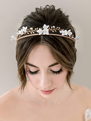 SWEETV svadbena traka za glavu Zlatna vjenčana tijara za žene ručno rađeni cvijet Svadbeni pokrivač za glavu