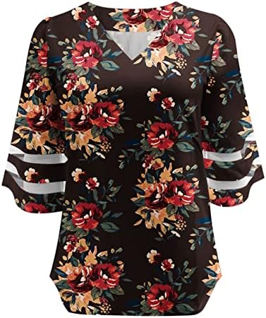 Jesen Ljeto Dubinsko bluza za izrez Žene 3/4 rukava 2023 cvjetna grafika Capri mrežica patchwork top košulja