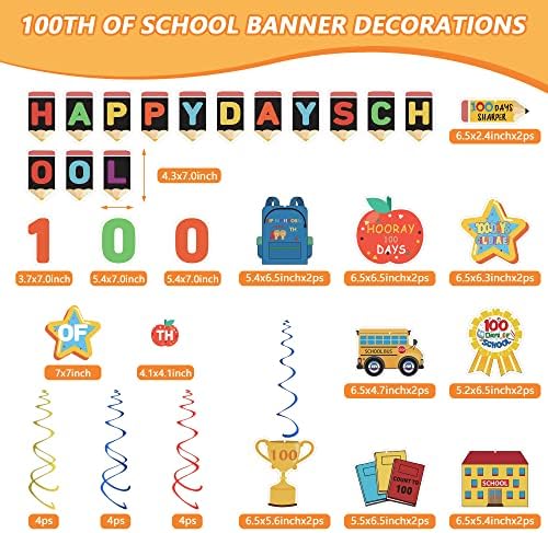 Sretan 100. dan školskih ukrasa, 100 dana znakovi na trijemu 100. dan folija viseći Kovitlaci baneri, sretni