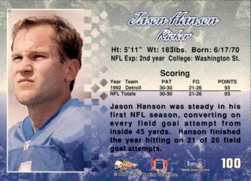 Jason Hanson potpisao je 1993. Pacifičku karticu 100 Detroit Lions - NFL autogramirane nogometne karte