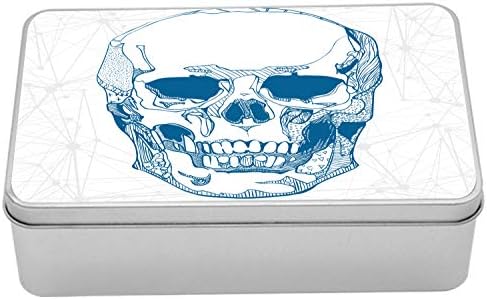 AMBESONNE SKULLNA METAL kutija, ručno izvučeno ljudska lubanja sa naučnim elementima Pozadina Ilustracija tema, višenamjenska pravokutna limna kutija sa poklopcem, 7.2 x 4,7 x 2.2 , plava bijela