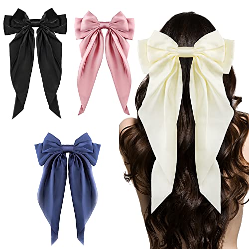 Big Bow Hair clips 4pcs, dugi rep francuski kose lukovi za žene, satenska svilenkasta luka za kosu, luk za rođendan / zabava / show / božić / st. Patrick's Day