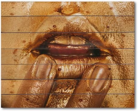 DesignQ Close Up žene usne sa svijetle zlatne šminke i moderne & amp; savremeni drveni zid dekor, narančasto
