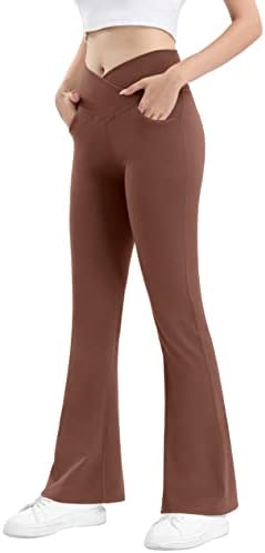 Jadd Womens Flare joga hlače s džepovima Crossover High Struk platna ploča od hlača za trbuhu