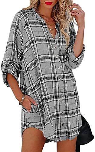 Žene Ljeto jeseni haljina dugih rukava pamuk V izrez Grafički mini mali labavi fit majica Plaid Lounge haljina