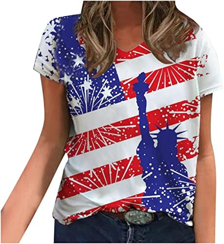 Dame Deep V vrat Pamuk Američka zastava Star Graphic Lounge Top Majica kratka rukava za tinejdžerske djevojke