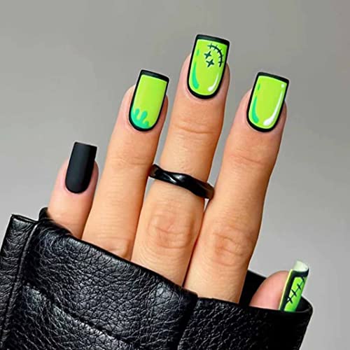 Enppode Srednja presa na noktima zelena & amp; crni vrhovi za nokte kvadratni lažni nokti sa crtanim dizajnom