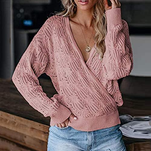 Ženski pulover s V-izrezom Duks ležerne dugih rukava s rebrastim pletenim džemper sa čvrstom predimenzioniranim