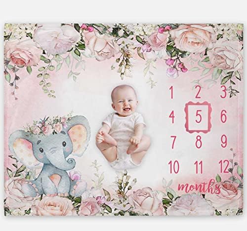 PopFavors Yuzioey Baby Girl Mjesečni prekretnice, cvjetni mjesečni pokrivač za novorođenče, ružičasti slon