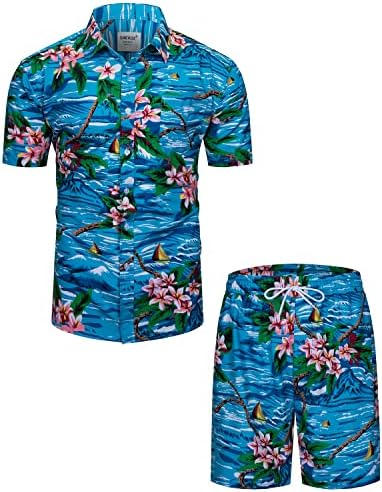 TUNEVUSE MENS Havajska majica kratkih rukava odijela cvjetna printa odijela tropske 2pc set gumb dolje majice i hlače