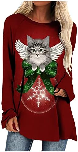 Božićni vrhovi tunika bluza za žene Slatka mačka tiskana s dugim rukavima CATCHT majica dugim Xmas pulover