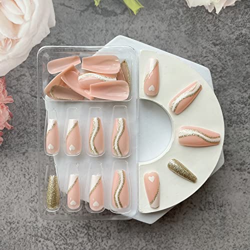 Pink lažni nokti Valentinovo Press na noktima srednja dužina lijes zlatna folija lažni nokti s dizajnom