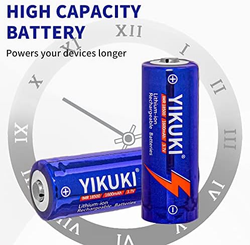 Yikuki 18500 baterija, IMR 18500 punjiva Li-Ion baterija 1600mAh 3.7V sa gornjim slojem gumba, za svjetiljku, solarnu baštu, itd. (4pack)