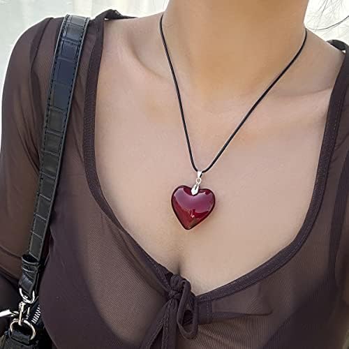 Fivean Crvena ogrlica od srca Y2k, velike zdepaste staklene ogrlice za žene