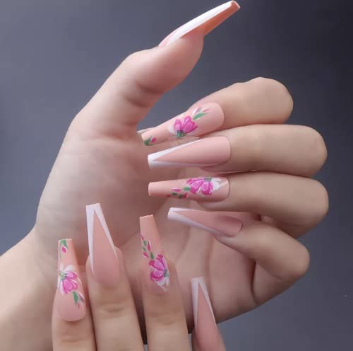 Glamour 24 kom-12size akrilna presa na noktima duga Srednja, ljepilo za lijes na bijelom i ružičastom cvijetu