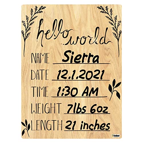 Cohas Hello World znak za najavu novorođenčadi sa štampanom drvenom površinom, 9 x 12 inča, bez markera