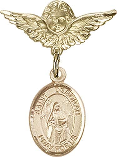 Jewels Obsession Baby bedž sa šarmom St. Deborah i Anđeo sa krilima značka / 14k Zlatna bebina značka sa