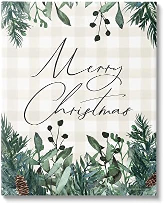 Stupell Industries Merry Božićna skripta Gingham Pinecone Botanicls Grub, Dizajn od strane Lady Louise Designs