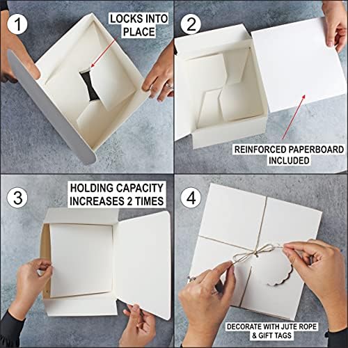 MUDRIT White poklon kutije veličine 8x8x4 inča, debele papirne kutije sa poklopcima, oznakama i jute konopcem