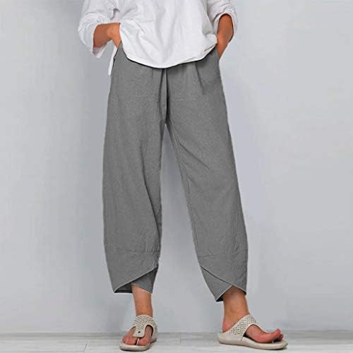 Ljetne hlače Liuguoo 2023 za žene Ležerne džepove Pamučni posteljina široka noga za vuču elastični struk kapris Crop hlače Slacks